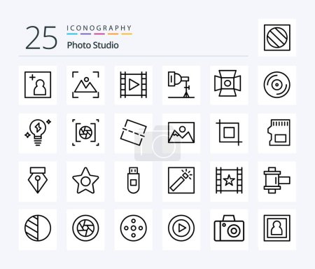 Illustration for Photo Studio 25 Line icon pack including dvd. studio. media player. photography. light - Royalty Free Image