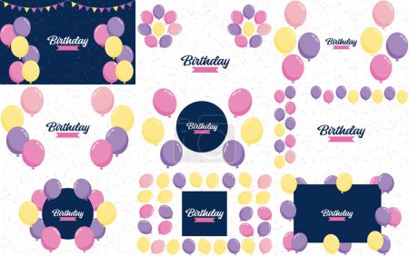 Téléchargez les illustrations : Elegant golden. blue. silver. and white balloon and cloth bunting party popper ribbonHappy Birthday celebration card banner template - en licence libre de droit