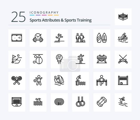 Illustration for Sports Atributes And Sports Training 25 Line icon pack including soccer. football. sport. ball. stretching - Royalty Free Image