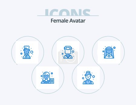 Ilustración de Mujer Avatar Blue Icon Pack 5 Icon Design. iglesia. profesión. Médico. Mujer. cocinera femenina - Imagen libre de derechos
