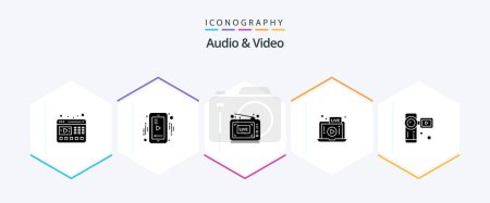 Illustration for Audio And Video 25 Glyph icon pack including camera. laptop. broadcast. play. live - Royalty Free Image