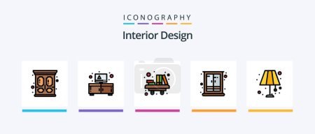 Téléchargez les illustrations : Interior Design Line Filled 5 Icon Pack Including cabinet. lighting. table. light. decorate. Creative Icons Design - en licence libre de droit