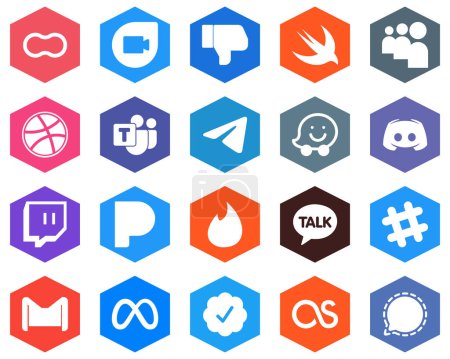 Illustration for Hexagon Flat Color White Icon Pack text. discord. dribbble. waze and messenger 20 Elegant Icons - Royalty Free Image