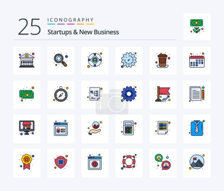 Téléchargez les illustrations : Startups et nouvelle entreprise 25 ligne rempli icône pack y compris tasse. café. moderne. Pause. engrenages - en licence libre de droit