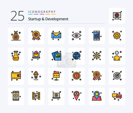 Illustration for Startup And Develepment 25 Line Filled icon pack including flask. cogs. eyes. setting. chart - Royalty Free Image