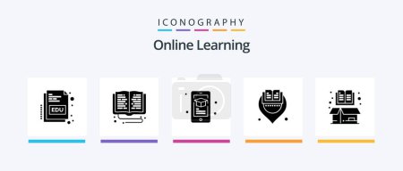 Illustration for Online Learning Glyph 5 Icon Pack Including book. location. online study. library. smartphone. Creative Icons Design - Royalty Free Image