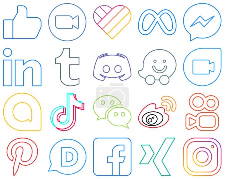 Illustration for 20 Premium Colourful Outline Social Media Icons such as text. discord. facebook. tumblr and linkedin Professional and clean - Royalty Free Image