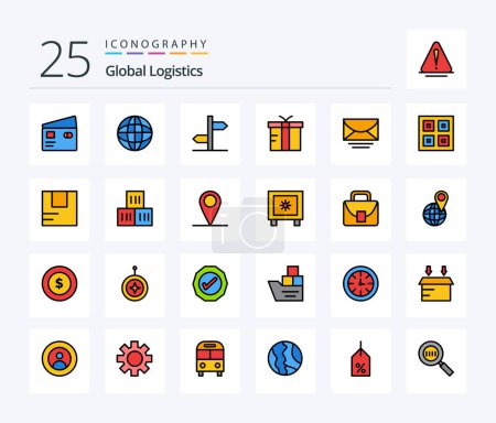 Téléchargez les illustrations : Global Logistics 25 Line Filled icon pack including mail. gift. world. logistic. sign - en licence libre de droit
