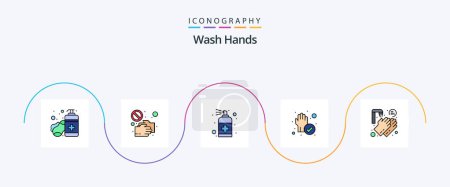 Téléchargez les illustrations : Lavez-vous les mains ligne rempli plat pack de 5 icônes y compris la protection. main. Serrez la main. savon. main - en licence libre de droit