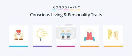 Téléchargez les illustrations : Concious Living And Personality Traits Flat Pack de 5 icônes, y compris élevé. Cinq. soulagement. Mieux. amitié. Icônes créatives Design - en licence libre de droit