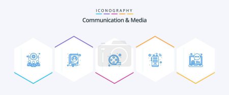 Illustration for Communication And Media 25 Blue icon pack including media. online chat. movie. walkie talkie. cordless phone - Royalty Free Image