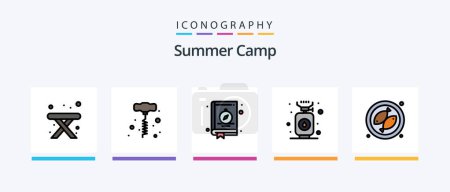 Téléchargez les illustrations : Summer Camp Line Rempli Pack 5 Icônes Caméra incluse. emplacement. camper. livre. pique-nique. Icônes créatives Design - en licence libre de droit