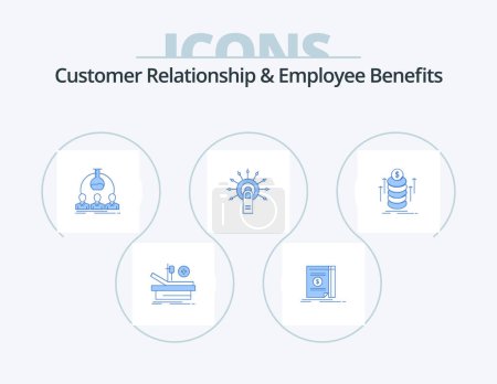 Téléchargez les illustrations : Customer Relationship And Employee Benefits Blue Icon Pack 5 Icon Design. touch here. ok. labortary. click. scientist - en licence libre de droit
