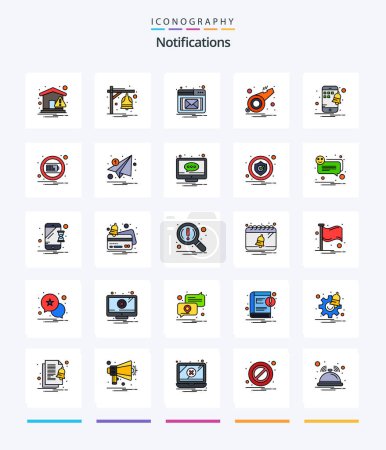 Ilustración de Creative Notifications 25 Line FIlled icon pack  Such As smartphone. mobile. email. whistle. notification - Imagen libre de derechos