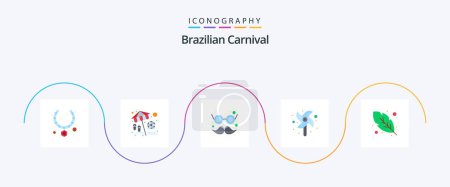 Téléchargez les illustrations : Pack de 5 icônes plat carnaval brésilien comprenant plume de quinn. la calligraphie. lunettes. fan. jouet - en licence libre de droit