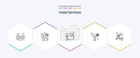 Téléchargez les illustrations : Hotel Services 25 Line icon pack including room. hotel. dream. juice. cocktail - en licence libre de droit