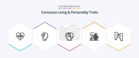 Illustration for Concious Living And Personality Traits 25 Line icon pack including inspiration. bike. melancholy. big. hearing - Royalty Free Image