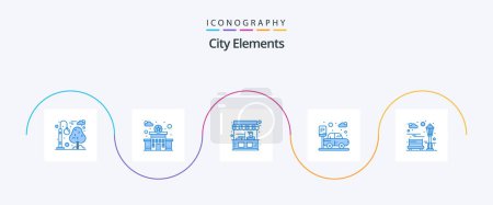 Téléchargez les illustrations : City Elements Blue 5 Icon Pack Including recreation. city. stall. bench. parking - en licence libre de droit