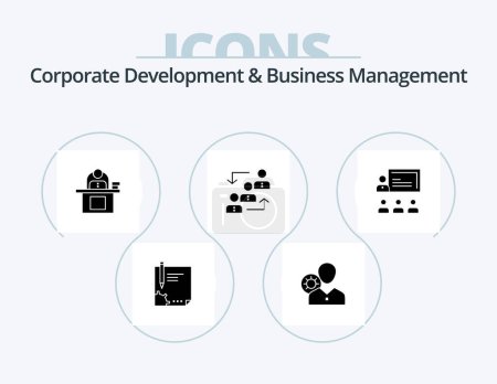 Illustration for Corporate Development And Business Management Glyph Icon Pack 5 Icon Design. laptop. business. efficiency. desk. profile - Royalty Free Image
