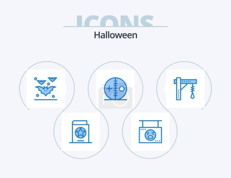 Téléchargez les illustrations : Icône bleue d'Halloween Pack 5 Icône Design. une crevaison. Poupée. Citrouille. costume. halloween - en licence libre de droit