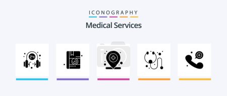 Téléchargez les illustrations : Medical Services Glyph 5 Icon Pack Including emergency. call. hospital. stethoscope. cure. Creative Icons Design - en licence libre de droit