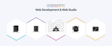 Illustration for Web Development And Web Studio 25 Glyph icon pack including develop. creative. layout. team. group - Royalty Free Image