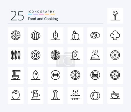 Téléchargez les illustrations : Food Pack icône 25 Line incluant la gastronomie. cuisiner. Petit pois. noix de coco. produits alimentaires - en licence libre de droit