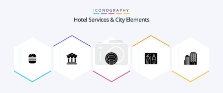 Ilustración de Hotel Services And City Elements 25 Glyph icon pack including hotel. machine. column. elevator. greek - Imagen libre de derechos
