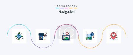 Téléchargez les illustrations : Navigation Line Filled Flat 5 Icon Pack Including location. navigation. gallery. map. arrow - en licence libre de droit