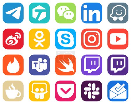 Illustration for 20 Stylish Social Media Icons such as meta. chat. waze and skype icons. Gradient Social Media Icon Bundle - Royalty Free Image
