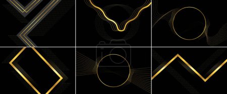Téléchargez les illustrations : Abstract black circle shape with golden glowing frame and glitters vector illustration; geometric backdrop with golden glittering particles suitable for holiday banner design and minimalist decoration. - en licence libre de droit