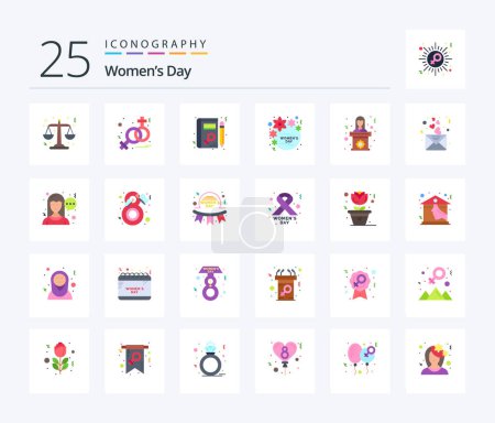 Téléchargez les illustrations : Womens Day 25 Pack icône couleur plate, y compris tribune. politicien. Une femme. les femmes. cadeau - en licence libre de droit