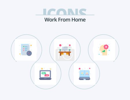 Téléchargez les illustrations : Work From Home Flat Icon Pack 5 Icône Design. gestion. table. liste de contrôle. bureau. zone de travail à domicile - en licence libre de droit