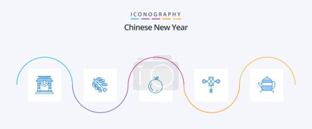 Téléchargez les illustrations : Ensemble de 5 icônes bleu Nouvel An chinois comprenant la Chine. Du thé. pomme. décoration. Chine - en licence libre de droit