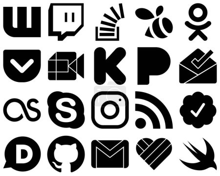 Illustration for 20 Customizable Black Solid Glyph Icons such as skype. inbox. pocket. pandora and kickstarter icons. Clean and minimalist - Royalty Free Image