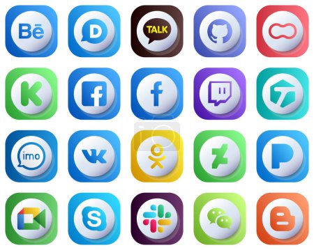 Téléchargez les illustrations : 20 icônes de marque de médias sociaux de dégradé 3D mignon tels que l'audio. le financement. icônes imo et twitch. Personnalisable et élégant - en licence libre de droit
