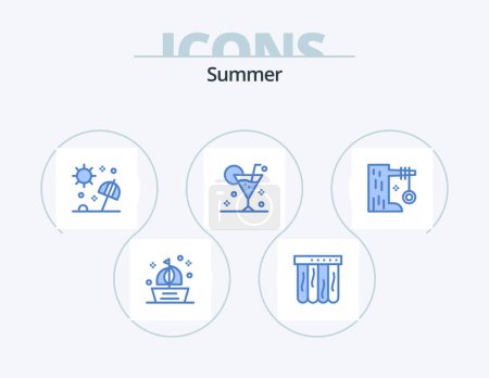 Illustration for Summer Blue Icon Pack 5 Icon Design. glass. cocktail. beach. beverage. travel - Royalty Free Image