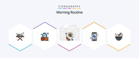 Illustration for Morning Routine 25 FilledLine icon pack including food. bowl. croissant. weather. report - Royalty Free Image