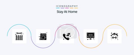 Illustration for Stay At Home Glyph 5 Icon Pack Including tv. news. service. support. messages - Royalty Free Image