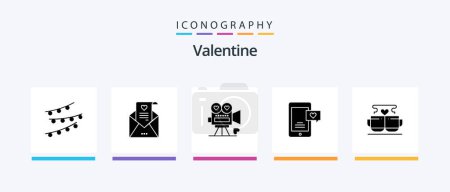 Téléchargez les illustrations : Valentine Glyph 5 Icône Pack Y compris valentine. caméra vidéo. carte de mariage. Un film. amour. Icônes créatives Design - en licence libre de droit