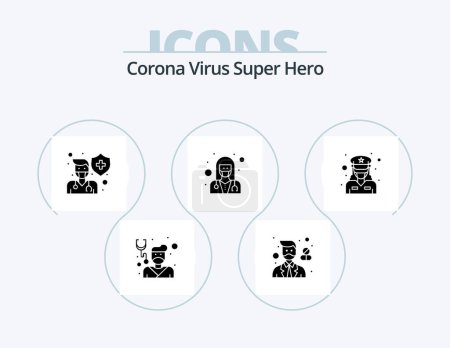 Ilustración de Corona Virus Super Hero Glyph Icon Pack 5 Icon Design. care. doctor. pharmacist. female. male - Imagen libre de derechos