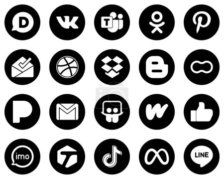 Illustration for 20 High-Quality White Social Media Icons on Black Background such as mail. gmail. dropbox. pandora and mothers icons. Fully editable and professional - Royalty Free Image