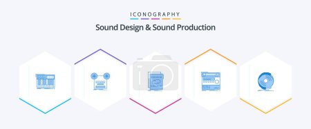 Illustration for Sound Design And Sound Production 25 Blue icon pack including module. rack. tape. sound. loop - Royalty Free Image