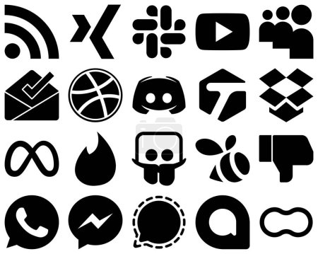 Illustration for 20 High-Resolution Black Solid Glyph Icons such as tinder. meta. dribbble and dropbox icons. Versatile and professional - Royalty Free Image