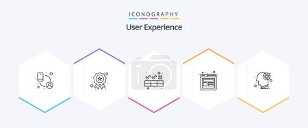 Illustration for User Experience 25 Line icon pack including gear. website wireframe. cleaner. testing ux. design - Royalty Free Image