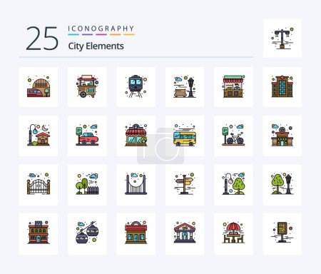 Téléchargez les illustrations : City Elements 25 Line Filled icon pack including stand. food. rail. recreation. city - en licence libre de droit