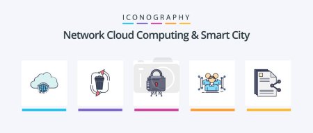 Téléchargez les illustrations : Network Cloud Computing And Smart City Line Filled 5 Icon Pack Including sharing. content. hosting. public. data. Creative Icons Design - en licence libre de droit