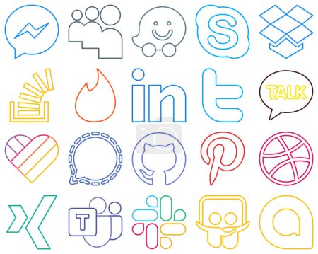 Ilustración de 20 High-resolution and customizable Colourful Outline Social Media Icons such as kakao talk. twitter. stockoverflow. professional and tinder Creative and eye-catching - Imagen libre de derechos