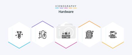Illustration for Hardware 25 Line icon pack including . sd-card. keyboard. memory. watch - Royalty Free Image