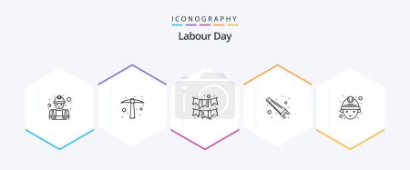 Téléchargez les illustrations : Labour Day 25 Line icon pack including miner. cutter. celebration. tools. hand - en licence libre de droit